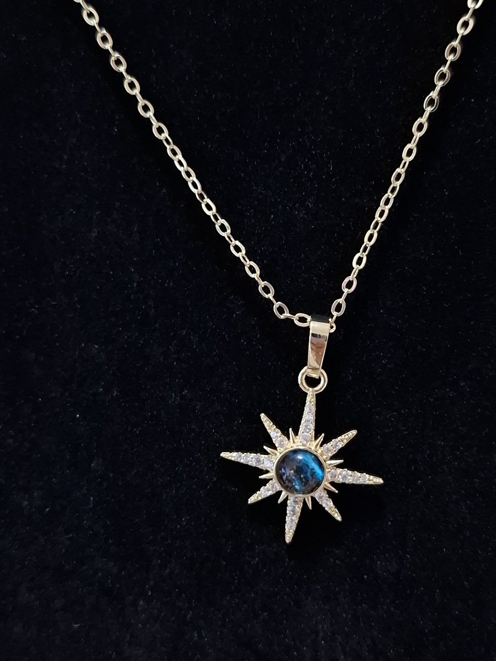 Gold Starburst Pendant Necklace with Blue Center Stone - Women Jewelry